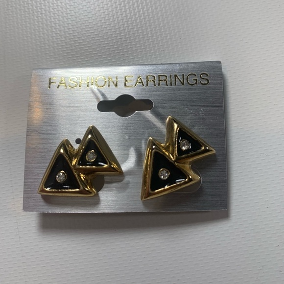 Gold and Black Double Triangle Earrings New With Tags Clip Ons NEW - Picture 5 of 5